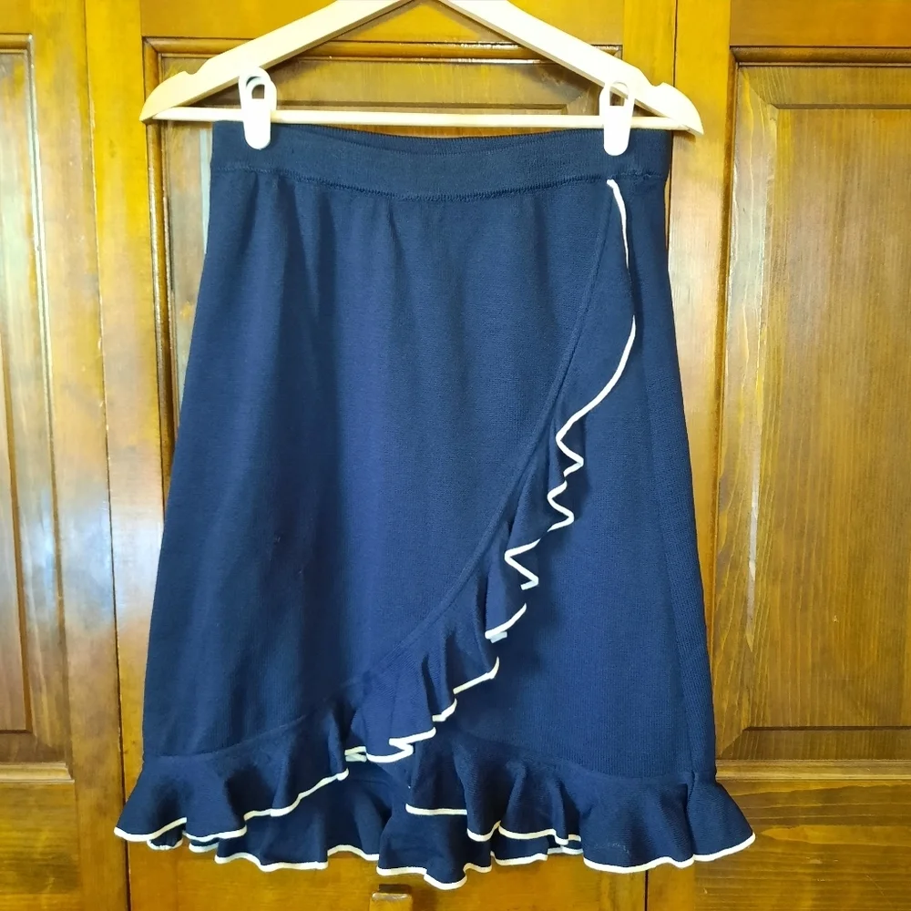 Vintage St. John Collection Navy Blue Pencil Skirt W/ White Ruffle Trim Size 6